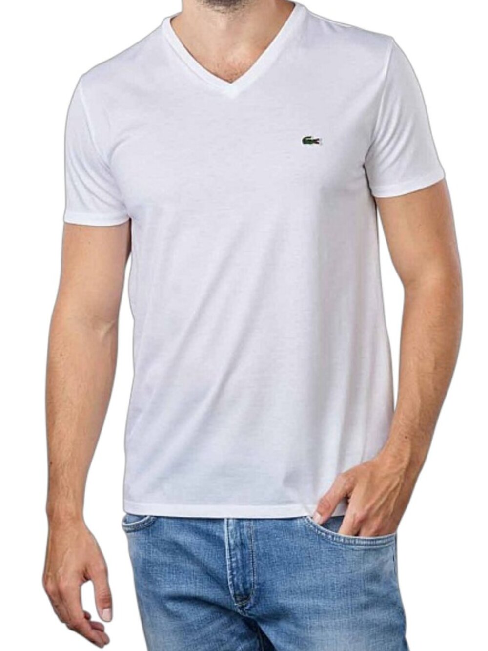 LACOSTE White Pima Cotton V-Neck Tee Classic Logo T-Shirt s